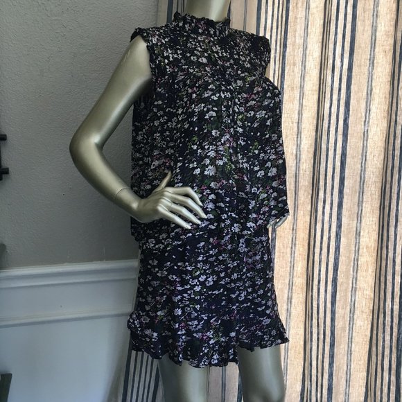 EUC Ganni Black Floral Pleated Ruffle Short Top Set 10 - Picture 4 of 9